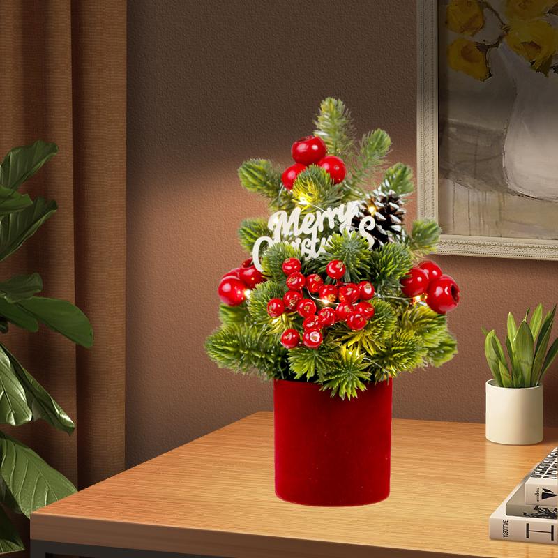 Hot Sale European Style Mini Christmas Tree Decorations Handmade Red Fruit LED Pine Desktop Mini Home Decorations for Christmas
