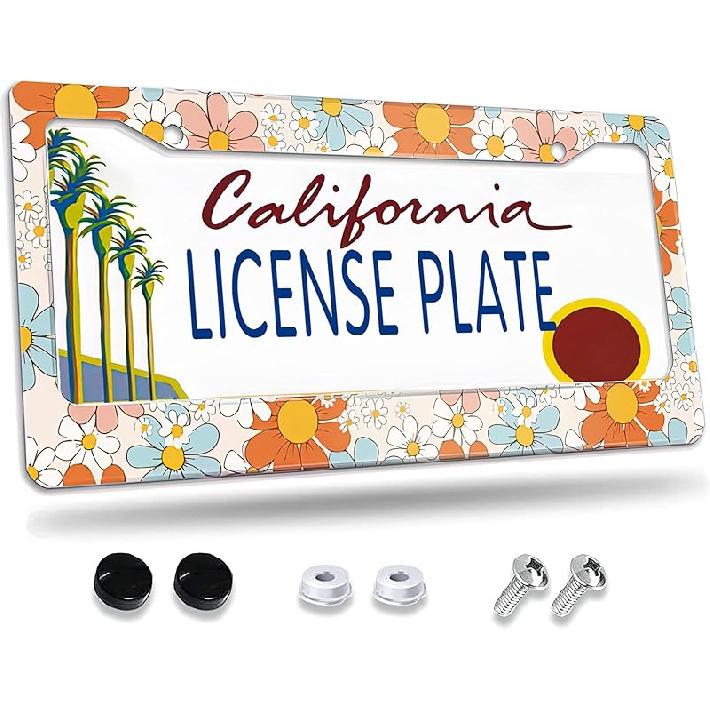 License Plate Frame,Floral Retro Daisys License Plate Frames Decorative Car Tag Frames Aluminum Metal License Plate Holder For US Canada Standard