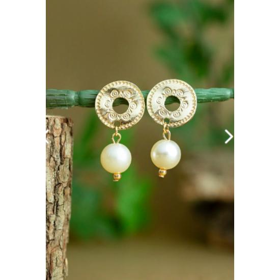 Special Design 18k Gold Plated Medallion Pearl Earrings - Handmade