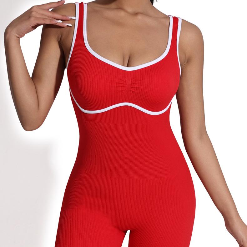 Spring summer Gym Jumpsuit V-neck contrasting Woman Tracksuit yoga clothes women's seamless U-shaped outdoor running fitness suit Workout Sportswear