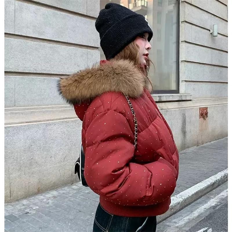 Winter Fur Collar Hooded Padded Short Coat Women Shiny Rhinestone Puffer Jacket Casual Zip Up Outerwear