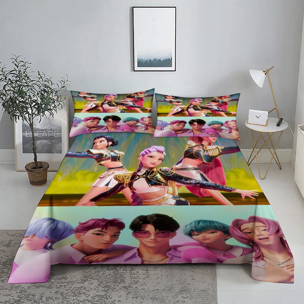 RUMI D-Demon Hunters K-pop Bed Sheet Set 3D Printed Bed Flat Sheet With Pillowcase Bed Linen King Queen Size