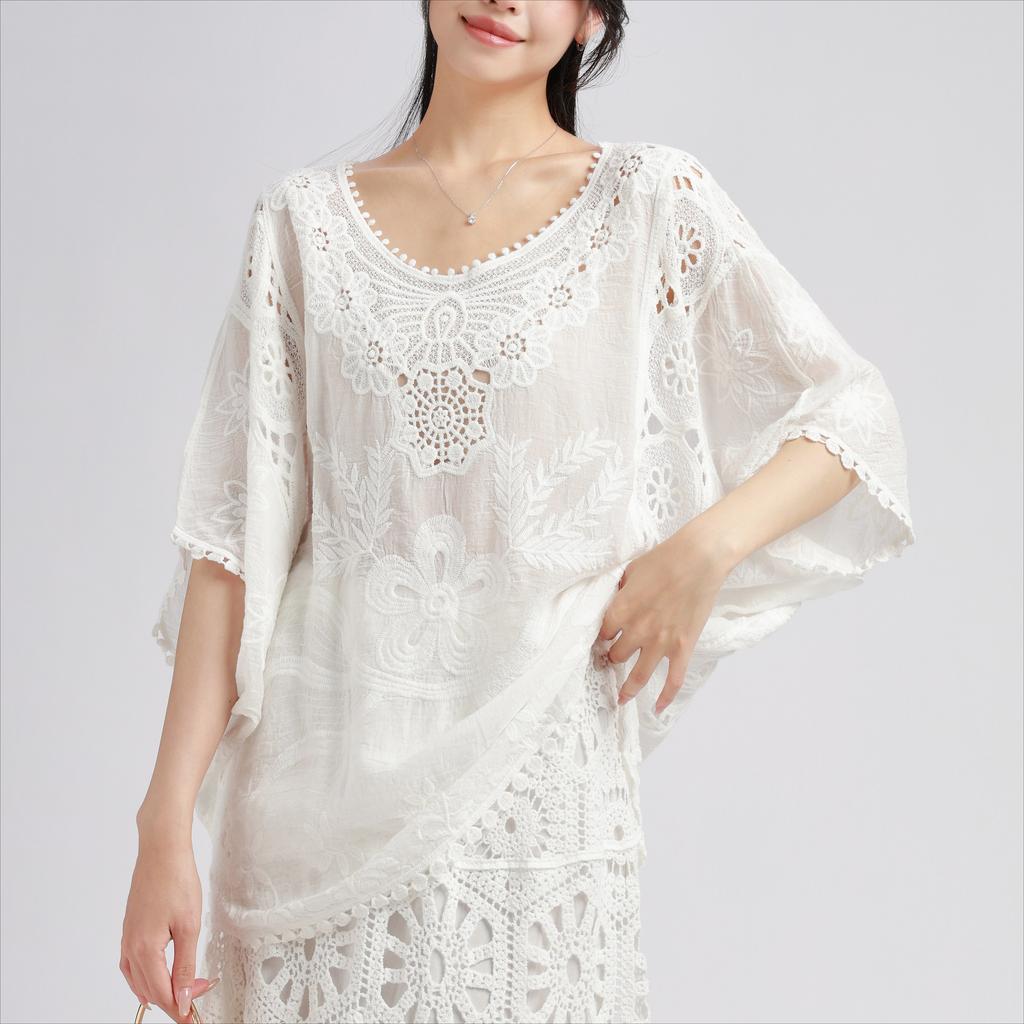 DIMANAF 2025 New Summer Basic Shirt Women Lace O-Neck Blouse Tops Tees Loose White Short Tees
