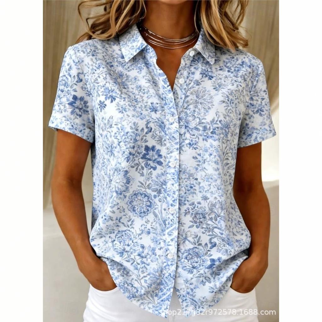 European and American summer hot-selling shirts, short-sleeved women's clothing, printed fashion lapel shirts, tops, casual women's clothing