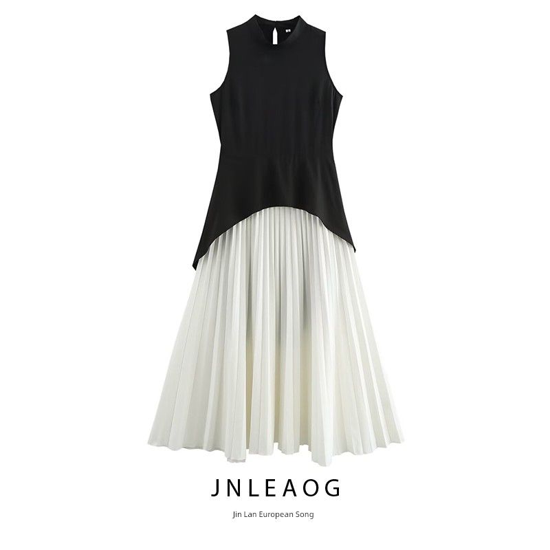 Jnleaog Autumn New Women's Clothing Fashion Style French Style Design Fashion Color Contrast Sleeveless Pleated Dress