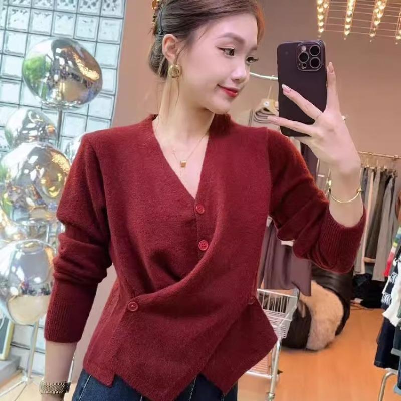 Elegant, neregulat, cu nasturi încrucișați, cu decolteu în V, de toamnă, cardigan pentru femei, mânecă lungă, pentru femei, tricotate, iarnă, solid, slim fit, casual, cardigan 25308