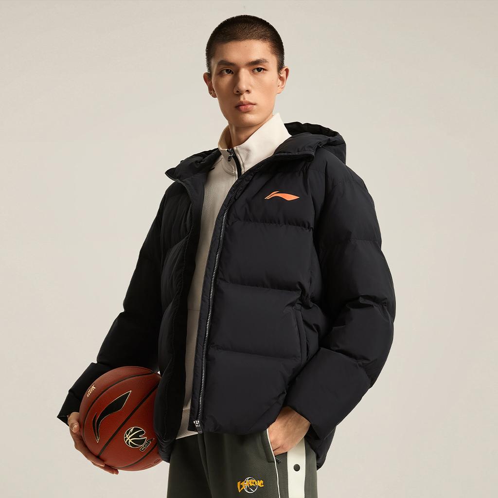 Li Ning Cba Series Logo Letter Zipper Casual Versatile Hooded Short Winter Cotton Jacket Men Jackets Black AJMU087-1