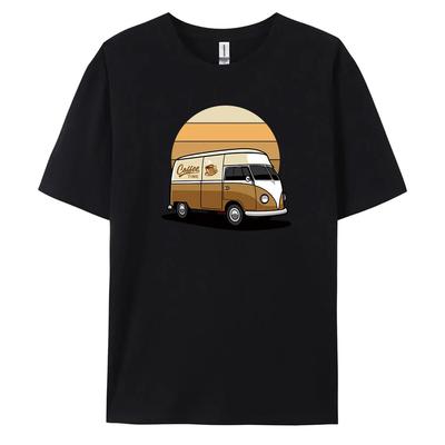 Men's Coffee Bus Pattern Printed 100% Cotton Casual Short-sleeved T-shirt, Street Trend High-quality Top