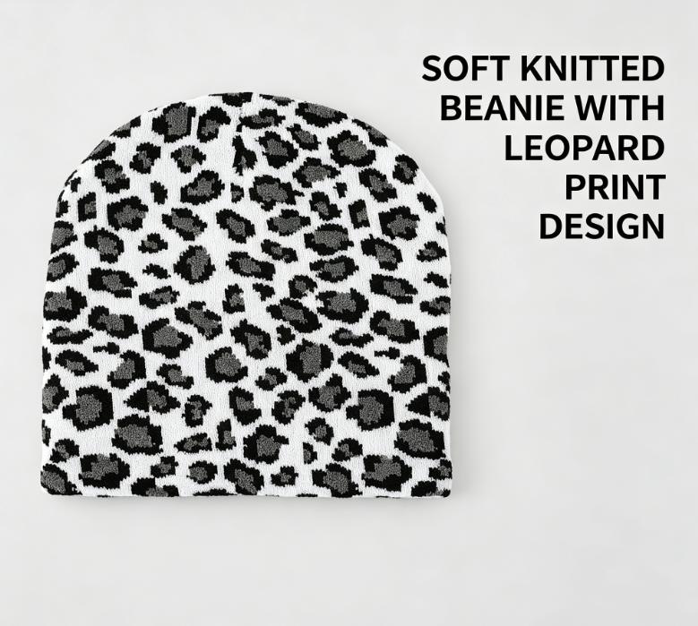 Trendy Leopard Print Knit Beanie Thick Warm Elastic Sports Hat Cool Travel Outdoor Fashion Unisex Winter Headwear Cap