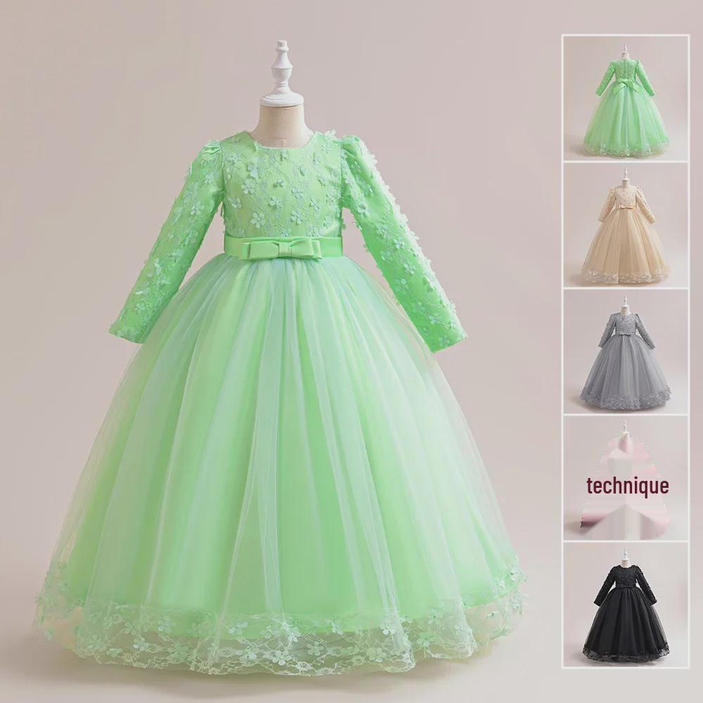 Ilgomis rankovėmis gėlių mergaitės princesės vakarėlio suknelė