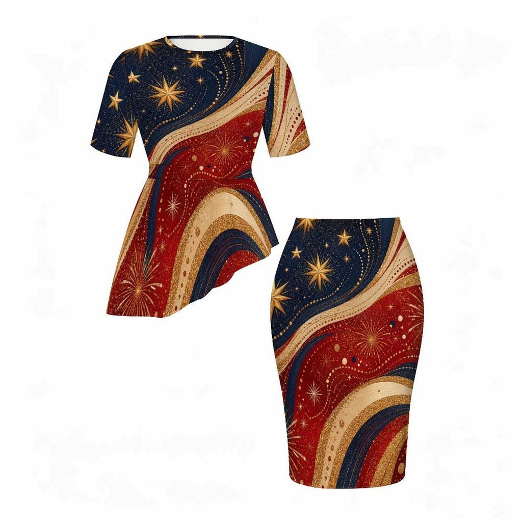 Women Plus Size White Star Printed Round Neck Short Sleeve Two Piece Set Asymmetric Top Pencil Skirt