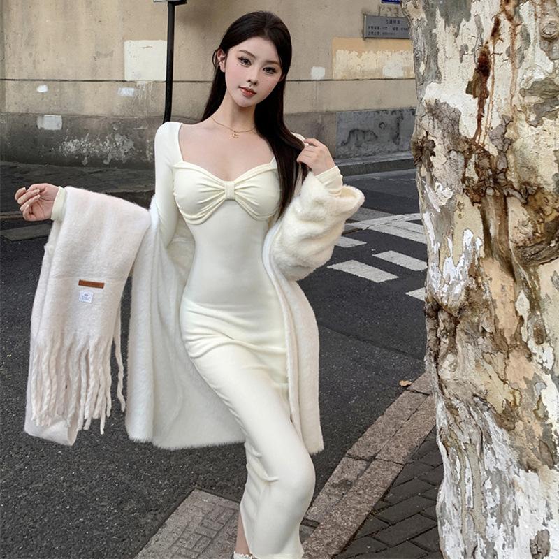 

Женское платье French Pure Desire с квадратным вырезом и длинными рукавами, облегающее подол S абрикосовый