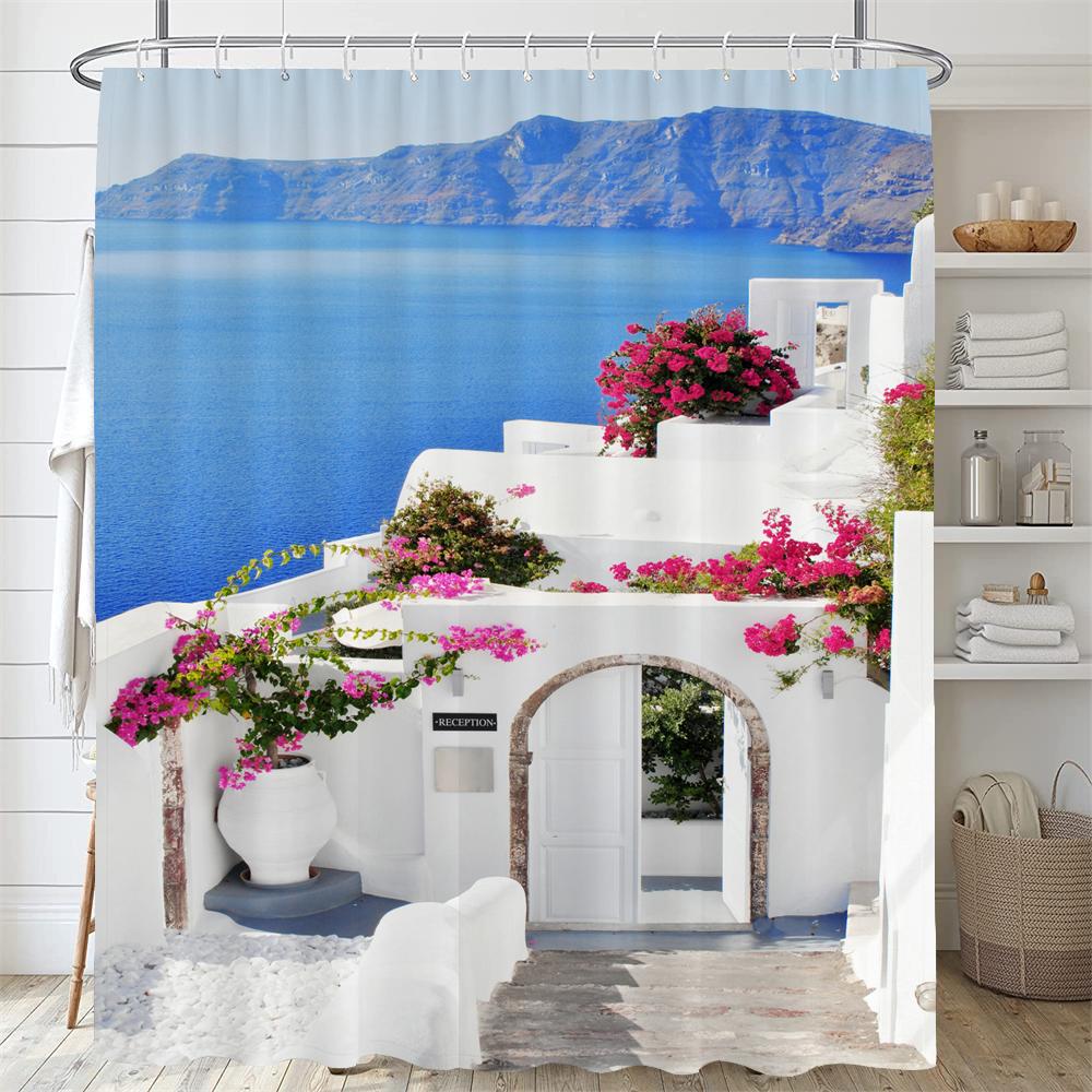 Beautiful Pastoral Garden Scenery Shower Curtain Rose Garden Flower Polyester Waterproof Bathroom Shower Curtain Decor Curtain