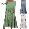Women's Summer Flowy Midi Dress Boho Floral Pleated Dress with Pockets Casual Half Sleeve Crew Neck Swing Dress