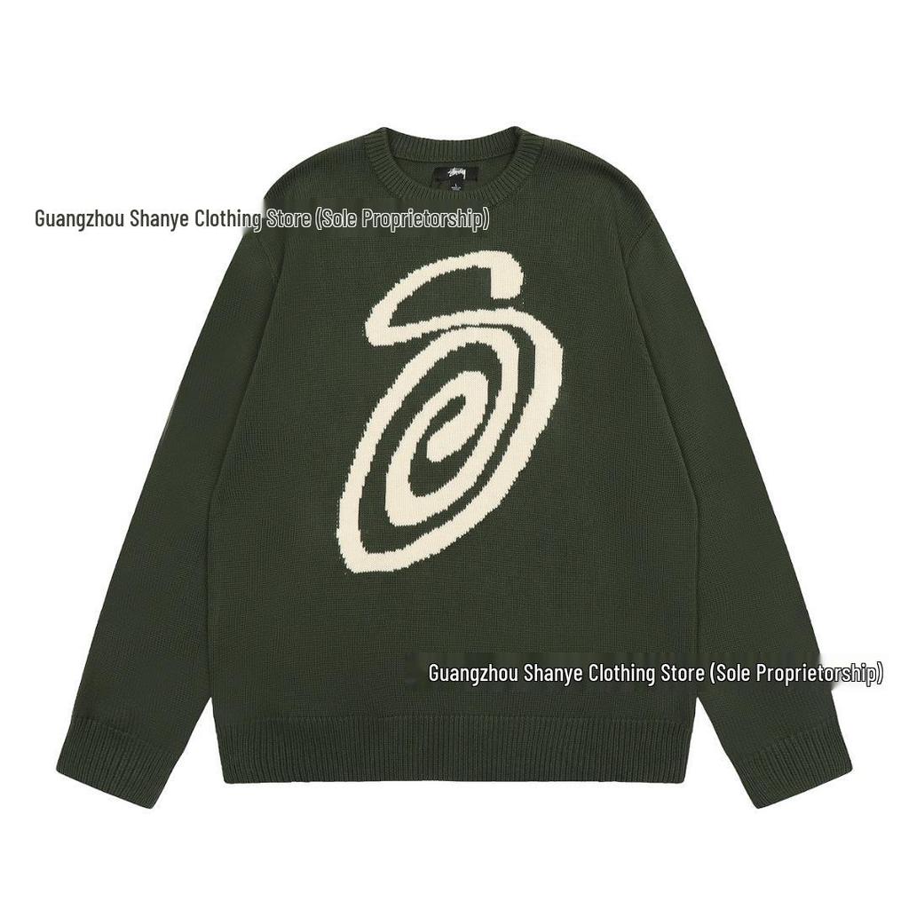 European & American Stüssy Arc Pattern Jacquard Round Neck Knit Sweater for Couples