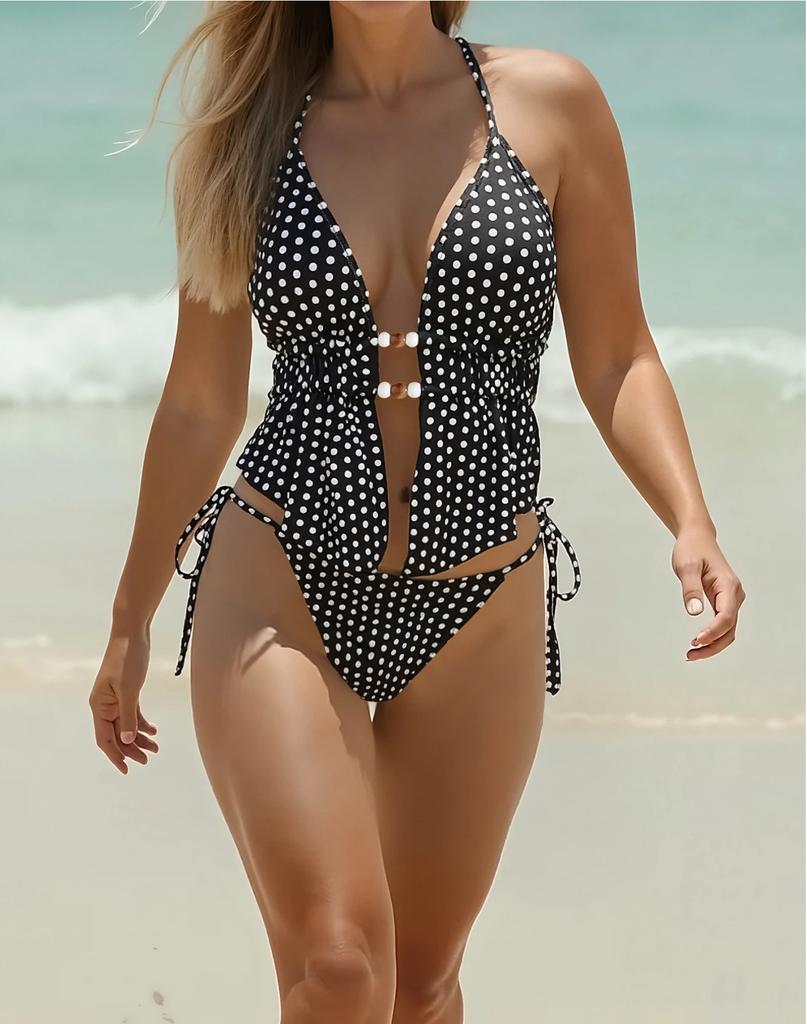 Fato de Banho Feminino Preto Bolinhas Sexy Decote Halter Costas Nuas Amarrado nas Laterais Fato de Biquíni Roupa de Praia Fatos de Banho