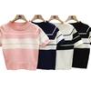 Black and White Color Clash Striped Short-sleeved Knit Sweater Female Summer Versatile Bubble Sleeve Versatile Top Thin Casual Slim Fit Pullovers Tees