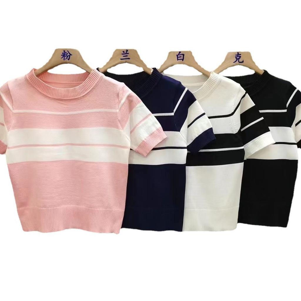 Black and White Color Clash Striped Short-sleeved Knit Sweater Female Summer Versatile Bubble Sleeve Versatile Top Thin Casual Slim Fit Pullovers Tees