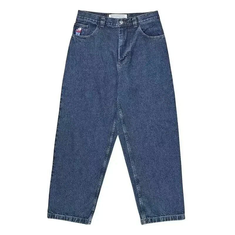 Mens Y2K Streetwear Denim Pants High Waist Loose Fit Straight Leg Jeans With Embroidery