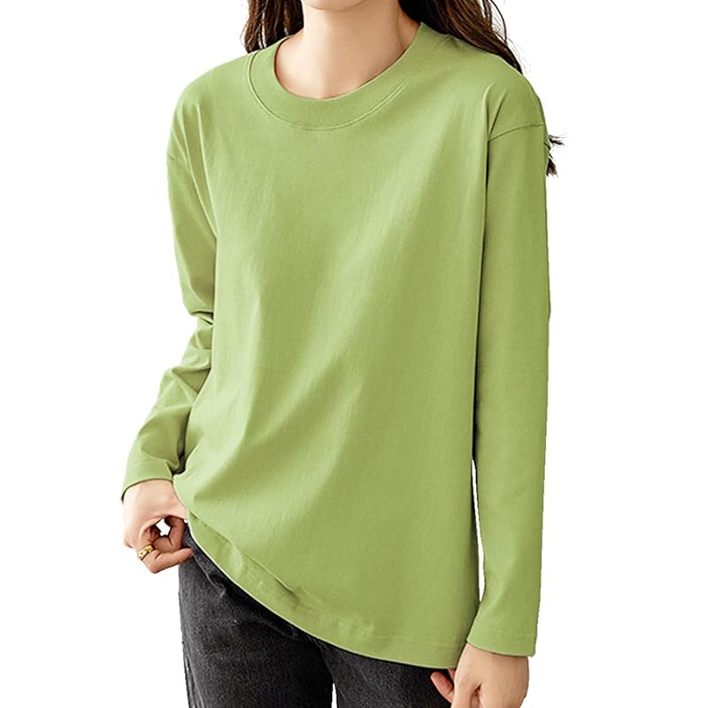 

[Trnvco] long sleeve t-shirt ladies 100% cotton round neck tops oversize Dress slimmer cut and sew Plain color crew neck inner shirt layered clothing