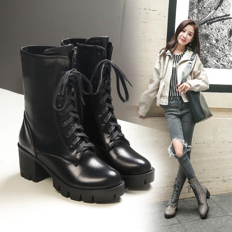 Autumn and Winter Medium Heel Coarse Heel Square Heel Boots Front Lace-Up Women's Boots  40-46