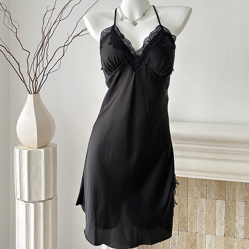 Women's Summer Ice Silk V-Neck Camisole Nightgown Set – Sexy, Solid Color, Slit Design, Two-Piece Luxury Homewear