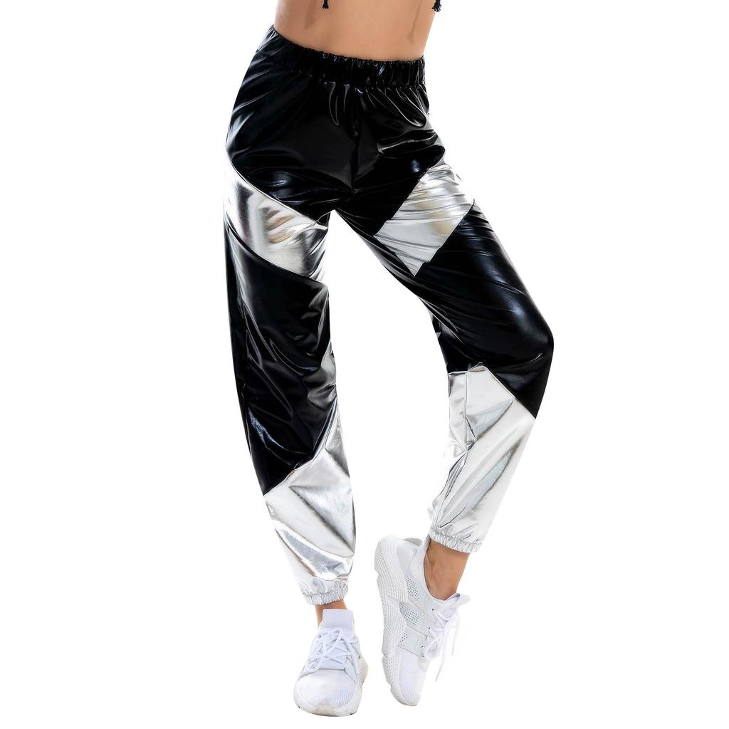 Damen Glanzhose Elastisch Sporthose Locker Freizeit Casual Lange Hose Sweatpants Jogginghose Stretch Leggings Party Disco Clubwear