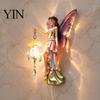 Wall Mounted Fairy Lamp Night Light, Resin Elf Sculpture Lantern for Bedroom, 3D Faux Crystal Pendant Hanging Art Decor with Pendant, Romantic