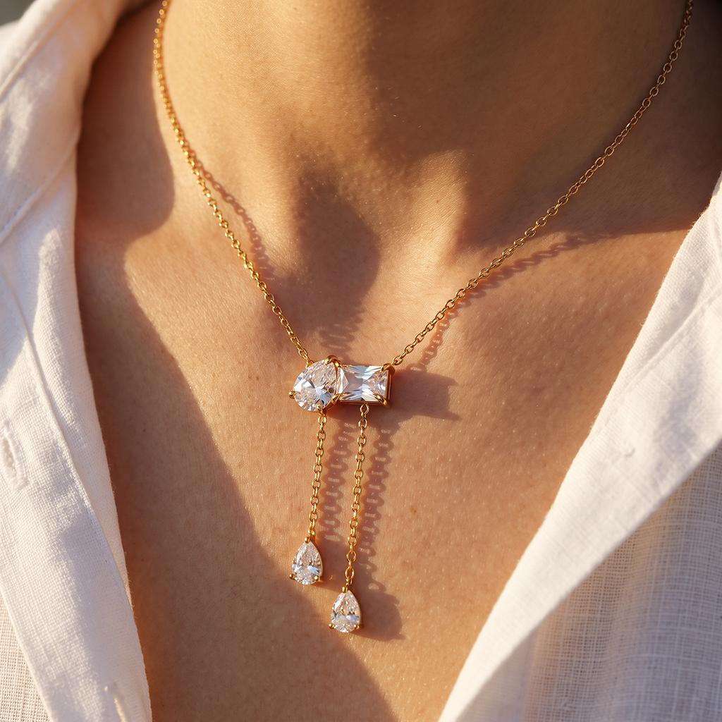 Luxury Waterdrop Square Zircon CZ Pendant Necklace for Women Gold Plated Stainless Steel Clavicle Chain Collar Necklaces Jewelry