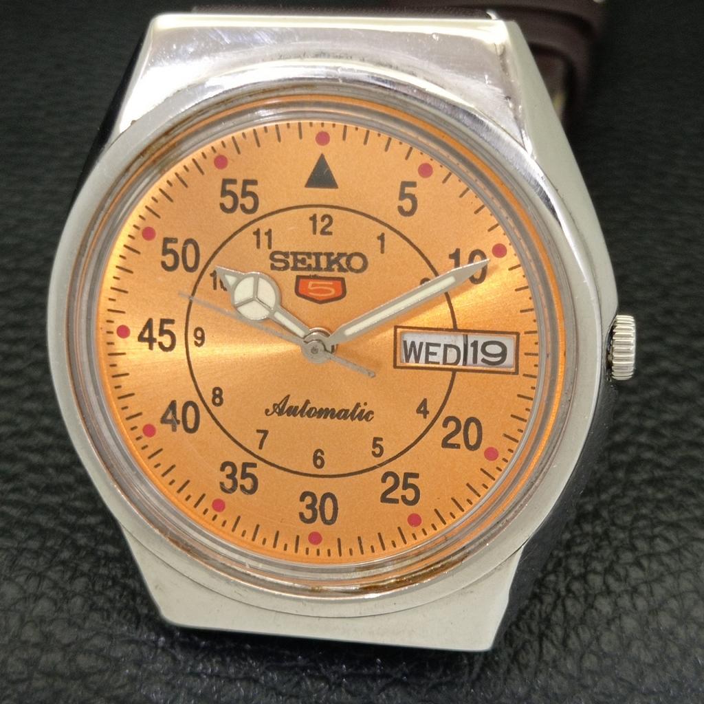 AUTOMATIC VINTAGE SEIKO 5 JAPAN 6349A MENS ORANGE COLOR DIAL WATCH a701293-5 R206a-a701293