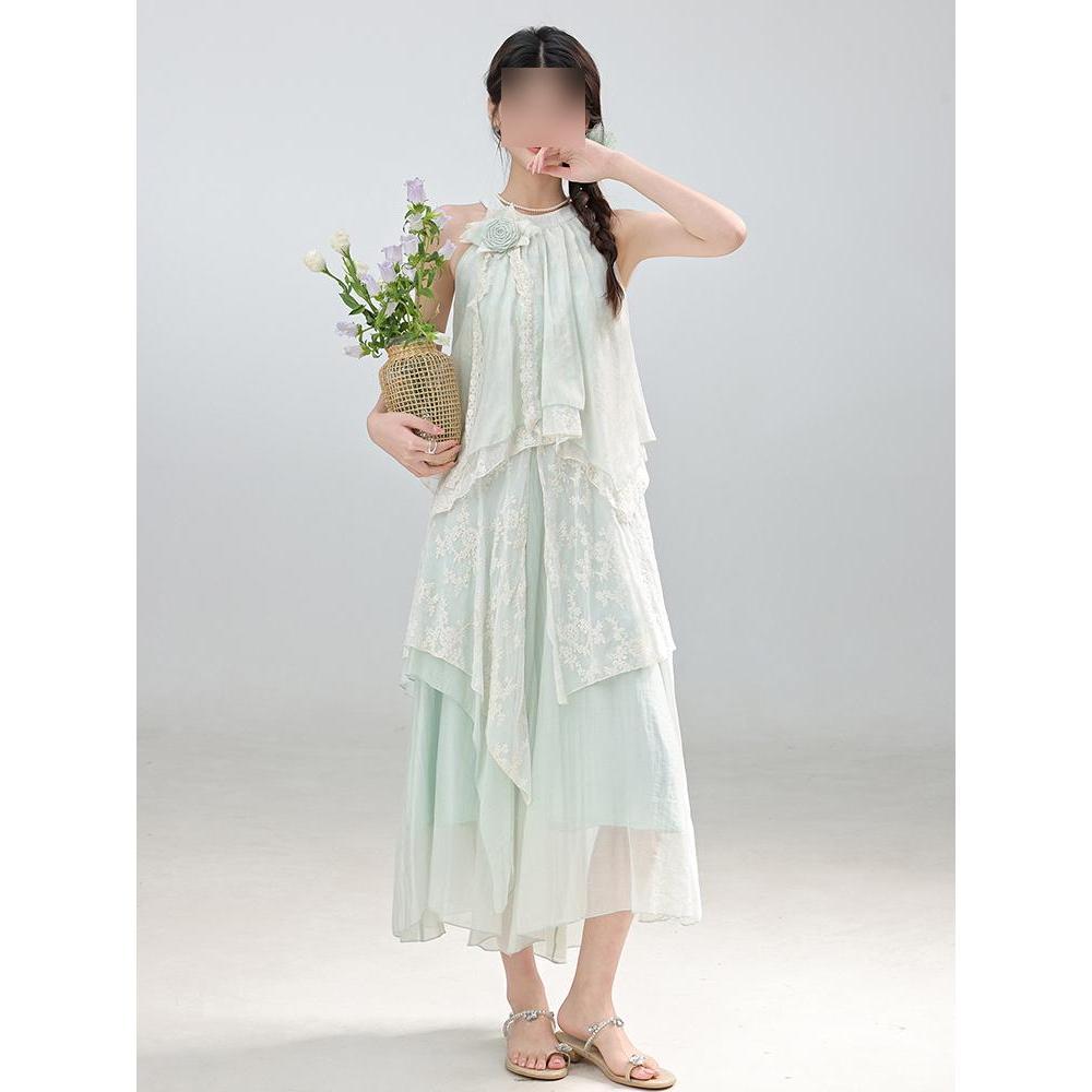 Super Fairy Vacation Wind Off-the-shoulder Neck Dress Summer Lace Splicing Irregular Lace Long Dress Women