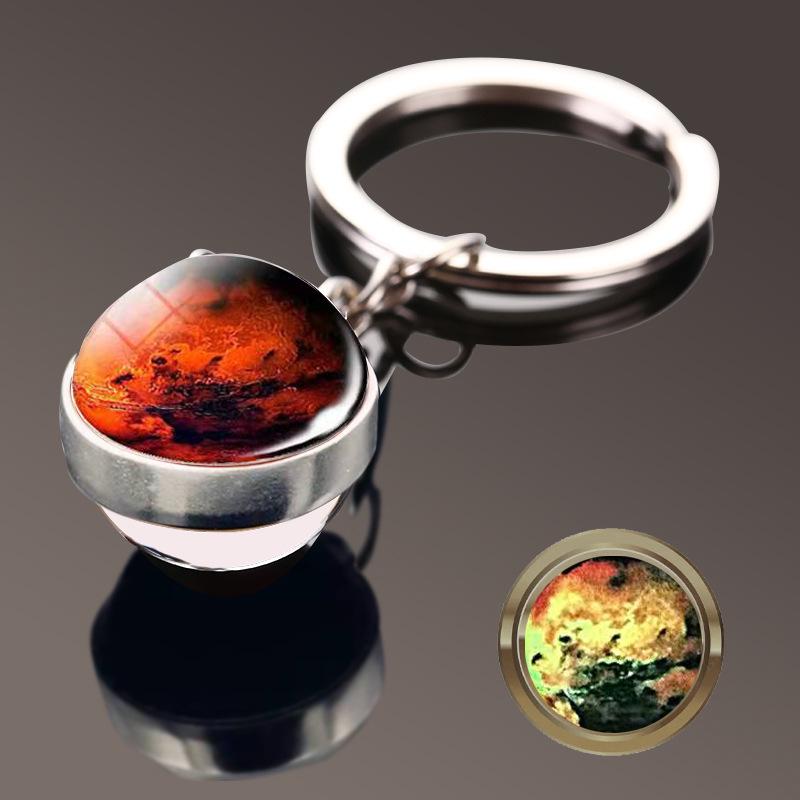 Double-Sided Glass Galaxy Keychain with Moon, Earth, Mars Pendants