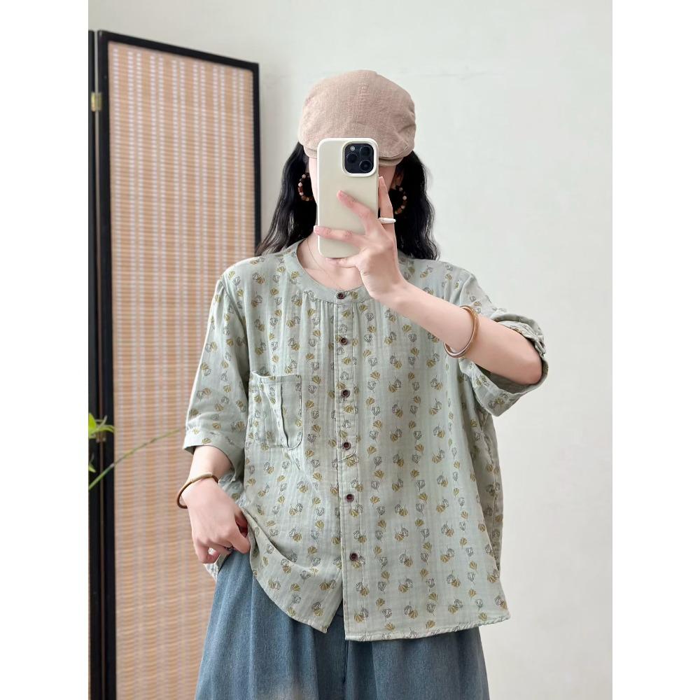 DIMANAF 2026 Plus Size Summer Women Blouse Shirts Tunic Print Oversize Loose Casual Cotton Linen Lady Tops Vintage Floral