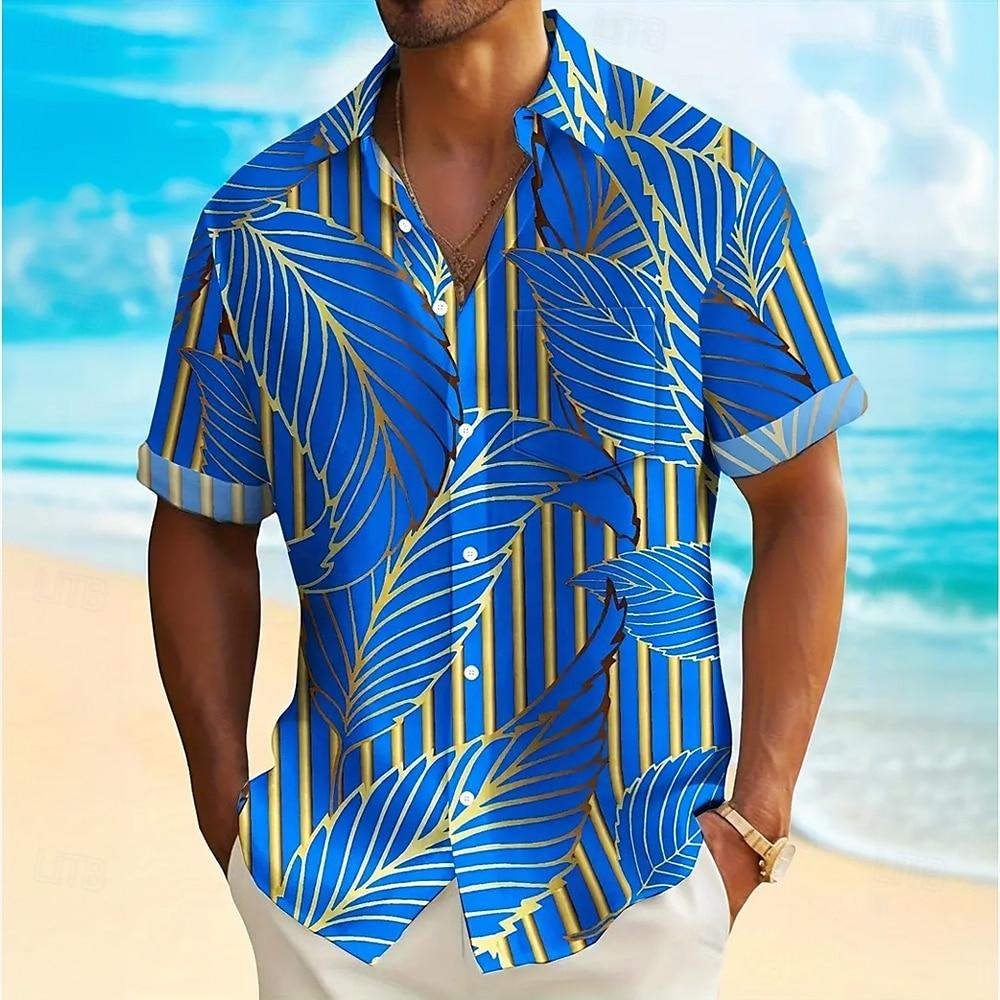 Fashion Men Hawaiian Shirt  Gold Leaf Patterns Short Sleeve Shirts for Men Beach Vacations Summer Parties Oversized Men Clothing