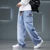 Spring Autumn Wide Leg Washing Jean Pants Men Trousers Neutral Solid Color Loose Casual Fashion Pocket Cargo Pants Big Size