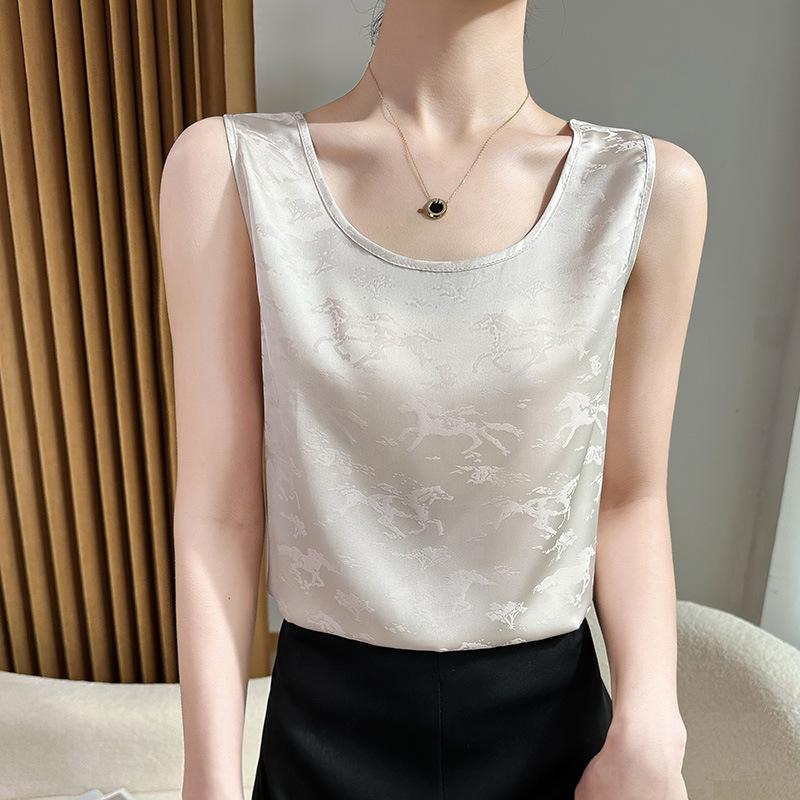 Acetate Satin Round Neck Printed Vest for Women In Summer Simple Smooth and Versatile Sleeveless Suspender Soft and Comfortable Top