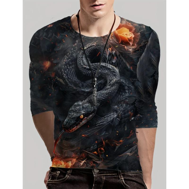 Round Neck 3D Snake Printed Top Casual Long Sleeved Men's T-shirts - Soft Medium Stretch Polyester Fabric Spring and Autumn Relaxed Fit Clothing
