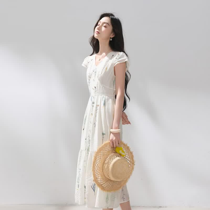Sancai Summer French Romantic Embroidered V-Neck A-Line Maxi Dress