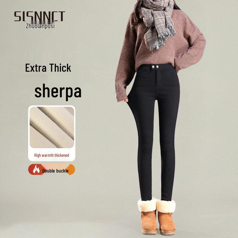 Women's Black Lambswool Leggings: Warm, Thickened Fleece-Lined, Slim Pencil Style, Ideal for Autumn/Winter 2025