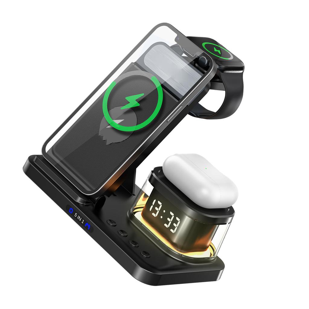 5 In 1 Charging Station Clock Night Light Function Portable Wireless Charger for Mobile Phone Watch