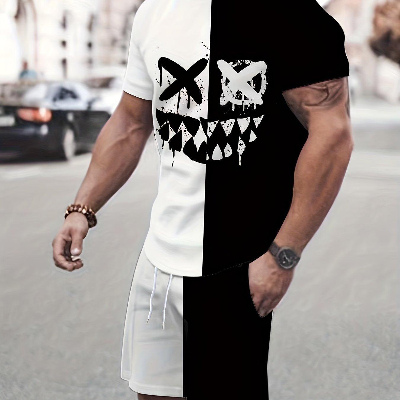 

Модный лук: шикарная мужская одежда из 2 предметов, комплект футболки и шорт с графическим принтом гримасы для больших и высоких мужчин, наряды контрастных цветов, большие размеры 6XL