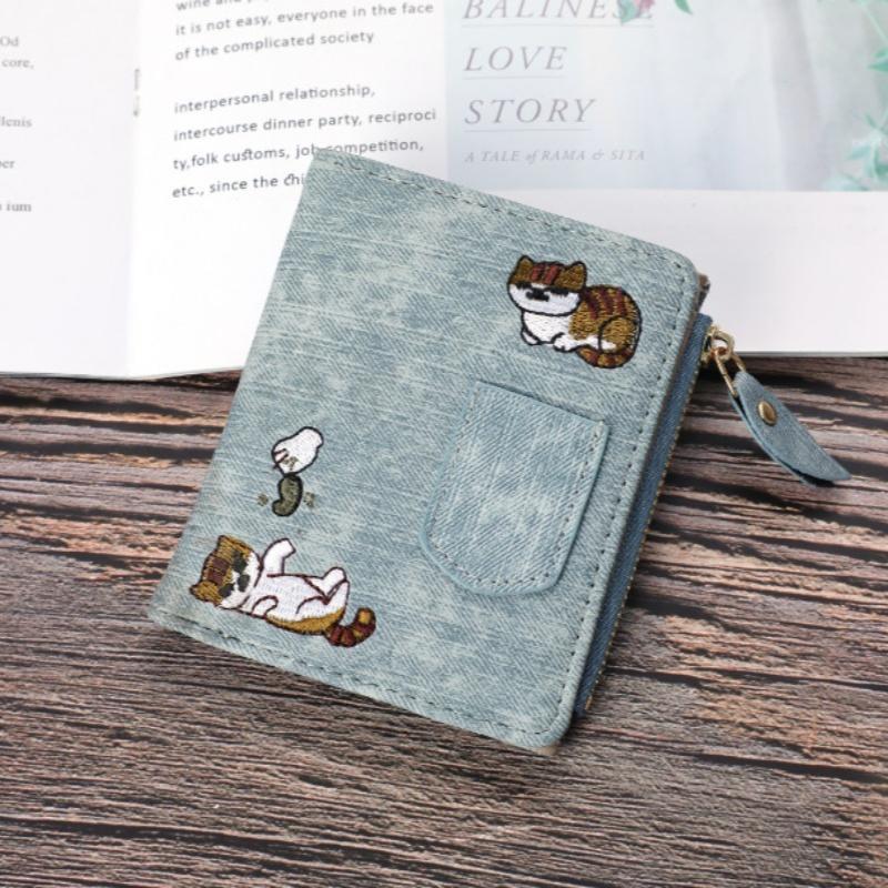 Fashion Cowboy Style Wallet Cat Embroidery Pattern Large Capacity Buckle Phone Pocket Bag Coin Purses for Women Men