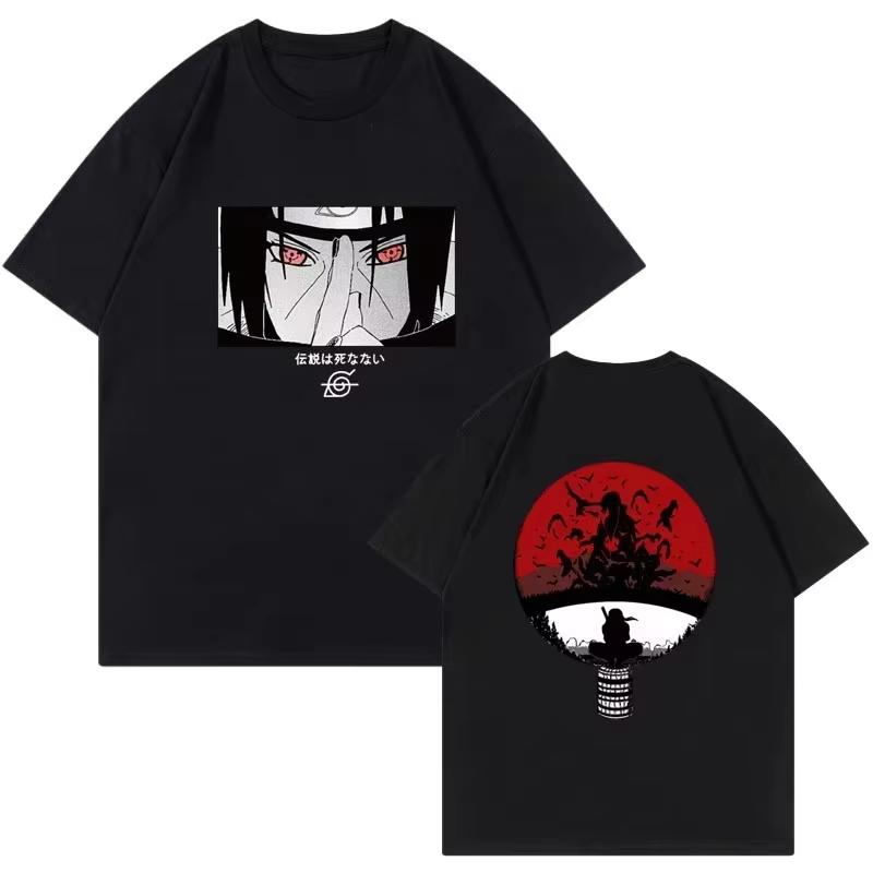 2026 Summer Naruto Uchiha Itachi Vintage Oversized Anime Streetwear Double Sided Print Women And Men T-shirt