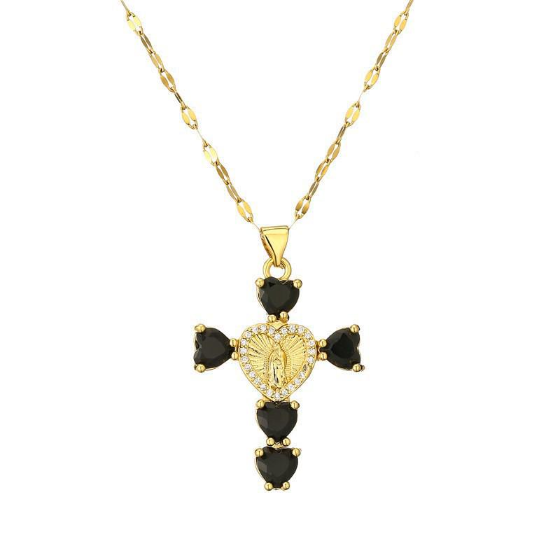Gold-Plated Multi-Color Zirconia Cross Necklace with Full Diamond Design