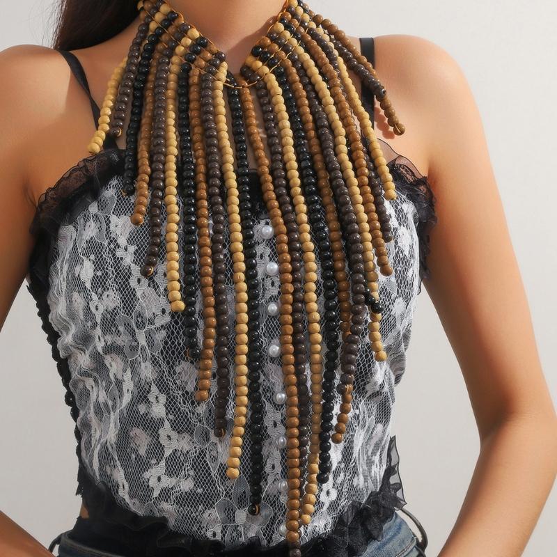 Statement-Schmuck Perlenkette und Ohrringe Set Lange Quasten Stile Hochzeits Schmuck Holzperlen Struktur für Damen Mädchen