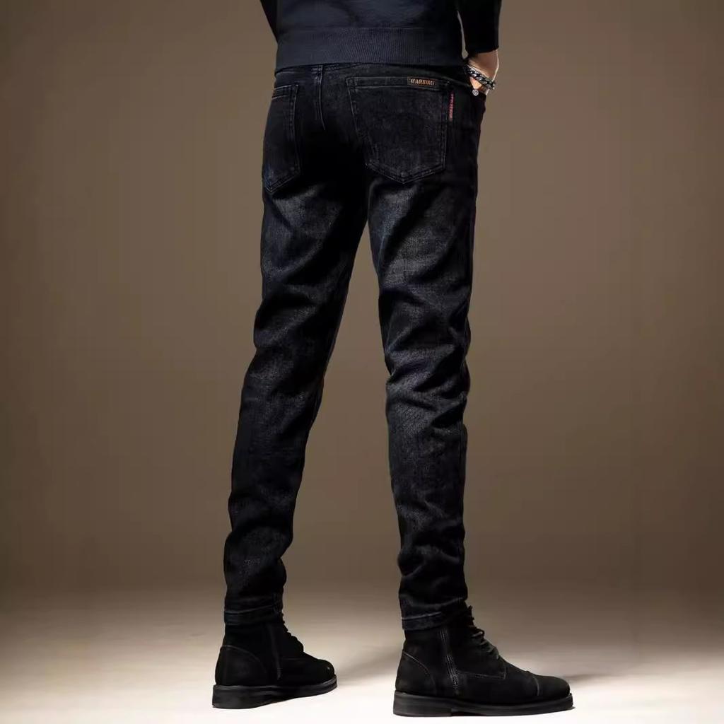 Autumn new high-end elastic black men's jeans trendy brand slim-fitting small feet casual versatile and thin pants men