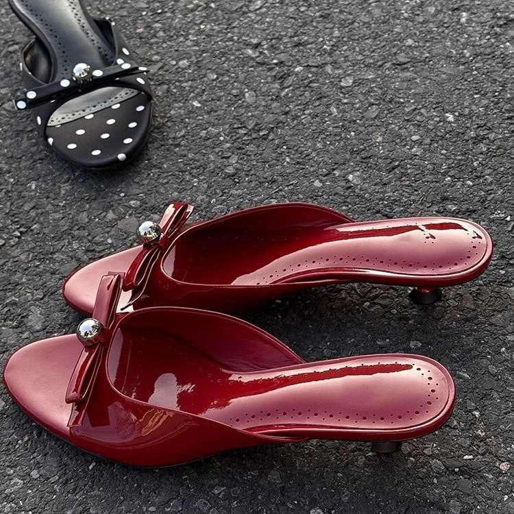 2025 Spring New Pointed Polka Dot Rear Strap Sandals Women's Bag Head Bow Pearl Medium Heel Single Shoes Women's Shoes