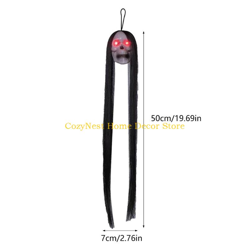 92MF Halloween Yard Decoration Flashing Eye Terrifying Long Hair Skull Party Props