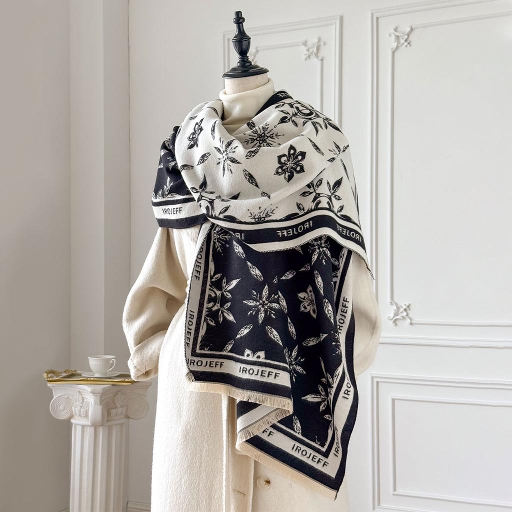 Elegant Jacquard Design Scarf Imitation Cashmere Soft Warm Fringe Shawl Autumn Winter Coldproof Windproof Blanket Scarf