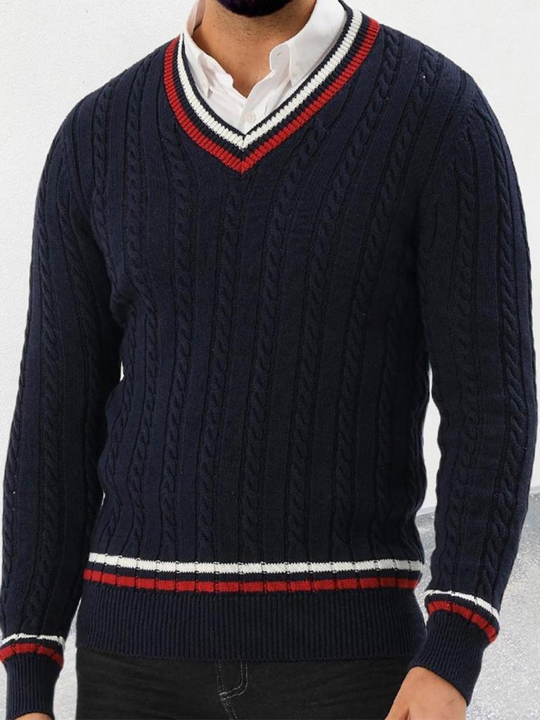 Men's Slim-Fit V-Neck Color-Block Pullover Knitted Sweater - Autumn/Winter Street Style
